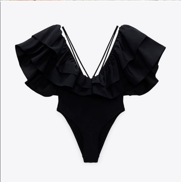 ZARA * Large Ruffle Swimsuit Top size S Black - Picture 9 of 13